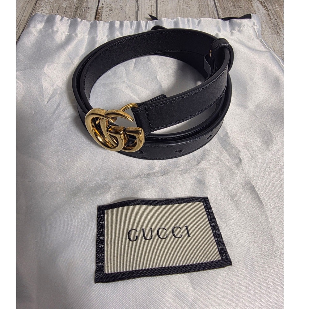 Gucci Double G Thin Black Leather Belt Gold Buckle 409417 75-30 Mens Womens - Picture 2 of 12